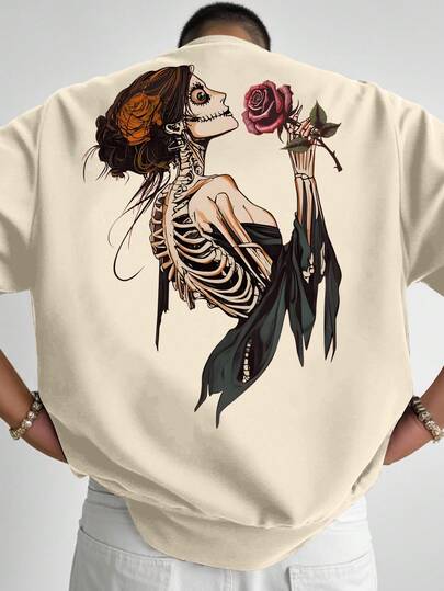 Manfinity EMRG Plus Size Men's Casual Fashionable Street Skeleton Rose Graphic Print Loose Short Sleeve T-Shirt, Summer