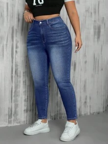 SHEIN EZwear 大码休闲水洗高腰修身牛仔裤 - 深色水洗藍 - 查看 4