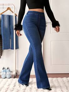 SHEIN Tall Jeans elegantes de cintura alta, ajustados y acampanados versátiles para mujeres altas - Azul lavado oscuro - Ver 3