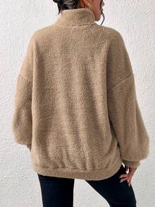 SHEIN EZwear 女士卡其色半拉链长袖套头卫衣，宽松版型，秋冬季长袖上衣，适合毕业典礼、返校、女教师、秋季、圣诞节等场合。 - 卡其色 - 查看 2