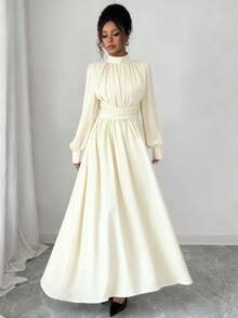 Elenzga Damen Lässig, Pendler, Urlaub, Nachmittagstee, Party einfarbiges braunes Chiffon Stehkragen, locker geschnittenes Kleid mit Kreuzband in Taille, A-Linie, Schleife, Futter, Langarm Maxikleid, Frühling/Herbst/Winter