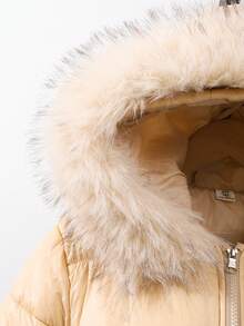 SHEIN Tween 女童时尚厚连帽束腰棉服外套，适合秋冬季日常休闲穿着 - 杏色 - 查看 7