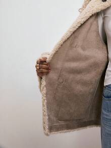 ATUI Studio Women's Casual Button Closure Double Pocket Faux Fur Coat, Autumn/Winter, Valentine's Day - Apricot - View 6