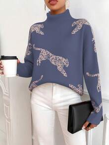 EMERY ROSE Women's Contrast Leopard Jacquard Turtleneck Loose Casual Pullover Sweater - Iron Gray - View 5