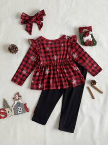 SHEIN Bộ đồ bé gái màu đỏ đen kẻ caro họa tiết bông tuyết, hươu, cây thông Noel, tay bồng, cổ tròn và eo chun, nơ kẻ caro kèm băng đô, thích hợp cho kỳ nghỉ Giáng sinh, thoải mái và năng động. - Đỏ - Xem 3