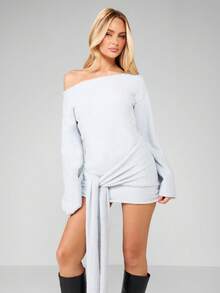 MISSGUIDED 露肩迷你毛衣裙，长袖，系带腰带，适合冬季时尚 - 淺灰色 - 查看 3