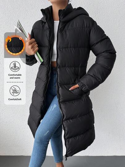 EURMUSE Slant Pockets Hooded Puffer Coat