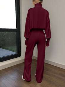 EURMUSE Set di maglione e pantaloni casual da donna a tinta unita con collo alto e maniche lunghe - Bordò - Visualizzare 2