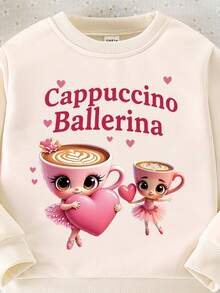 SHEIN 女童休闲时尚创意卡通杯子和芭蕾女孩爱心图案印花圆领卫衣，适合女孩，秋季 - 卡其色 - 查看 4