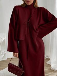 EURMUSE Women Sleeveless High Neck Sweater Dress With Cardigan - Burgundy - View 3