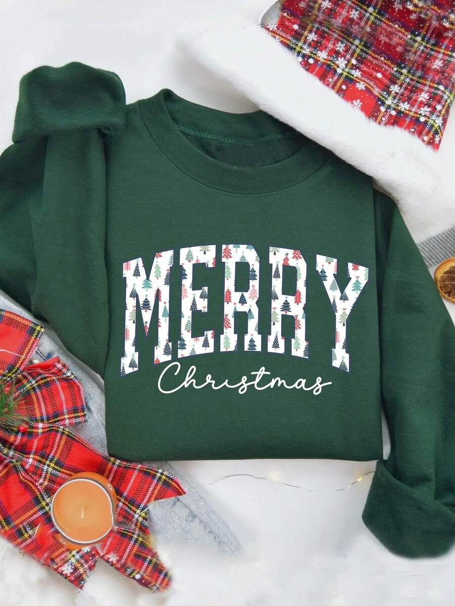 INAWLY Hanorac de Crăciun Fericit, Hanorac confortabil colorat cu guler rotund de Crăciun pentru femei, Hanorac drăguț de Crăciun, Hanorac confortabil supradimensionat de iarnă - Verde - Vizualizare 1