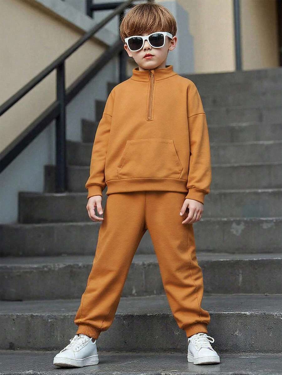 Playful Pals 2pcs/Set Young Boy Toddler Casual Gray Collar Half-Zip Pocket Long Sleeve Sweatshirt And Elastic Cuff Pants, Suitable For Outdoor Play Or Comfortable Home Wear, Autumn - Brown - View 1