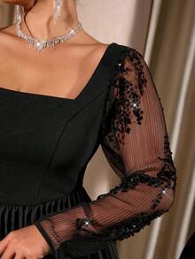 Cravure Plus Size Dam Elegant Paljett Plisserad Fyrkantig Halsringning Svart Festklänning - Svart - Visa 3