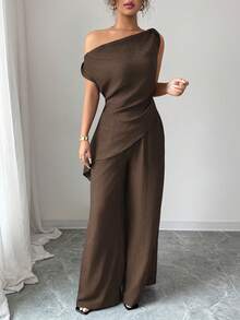 SHEIN Elenzya 夏季新款韩版女装两件套，适合旅行和摄影，华丽深海蓝色不对称一字肩领口上衣和高腰修身休闲裤套装 - 棕色 - 查看 6