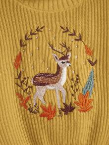 ROMWE Fairycore Áo len tay đèn lồng thêu hoa và họa tiết hươu Cottagecore thường ngày dành cho nữ, Thu/Đông - Màu vàng - Xem 2