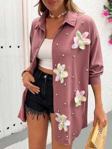 SHEIN Cottnline Women 3D Flower And Rhinestone Detailed Oversize Blouse - Dusty Pink - View 2