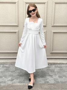 SHEIN 女童方领泡泡袖收腰短袖连衣裙 - 白色 - 查看 7