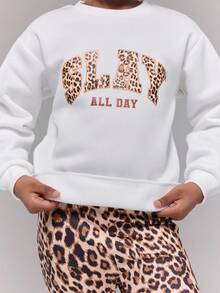 Tween Girl Letter Print Crew Neck Long Sleeve Sweatshirt And Leopard Print Pants Set - Multicolor - View 7