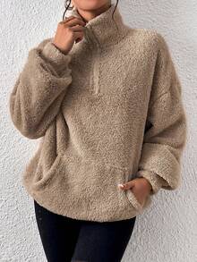 SHEIN EZwear 女士卡其色半拉链长袖套头卫衣，宽松版型，秋冬季长袖上衣，适合毕业典礼、返校、女教师、秋季、圣诞节等场合。 - 卡其色 - 查看 6