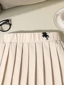 Tween Girl Horse Embroidery Pleated Skirt - Apricot - View 5