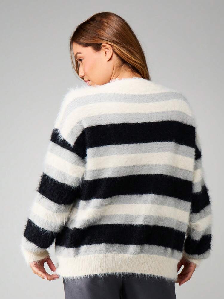 MISSGUIDED Oversized Fuzzy Striped Open Front Cardigan Long Sleeve Knit Sweater Fall Winter Cozy Layering