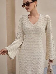 CLARA VERO Women Solid Color Irregular Stripe Deep V-Neck Flair Sleeve Maxi Sweater Dress  Beige Knit Maxi Dress,Petite - Beige - View 8