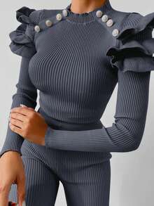 EURMUSE Ruffle Trim Button Detail Sweater & Knit Pants - Dark Grey - View 2