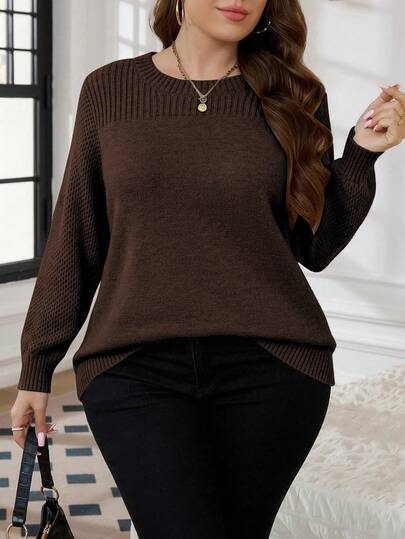 SHEIN LUNE Plus Size Solid Color Crew Neck Sweater, Casual For Autumn/Winter
