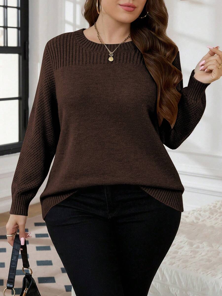 SHEIN LUNE Plus Size Solid Color Crew Neck Sweater, Casual For Autumn/Winter - Coffee Brown - View 1