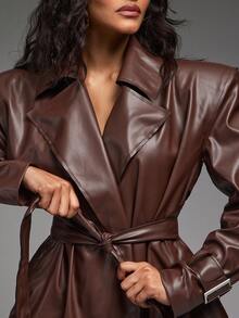 Hauture Bold Shoulder PU Leather Coat - Fashion Party Essential For Night Out Style - Brown - View 6