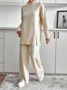 EURMUSE Minimalist Casual Ribbed Knit Long Sleeve Side Slit Tunic Sweater Button Cuff Detail, Modest Pullover Top, Knitwear For Women, Lounge Cream Autumn - Beige - View 2