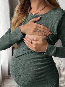 MaterniWear 圆领长袖针织T恤和可调节腰围直筒裤，女式直筒裤，秋季套装，宽松套装，适合婴儿洗礼礼物 - 墨綠色 - 查看 4