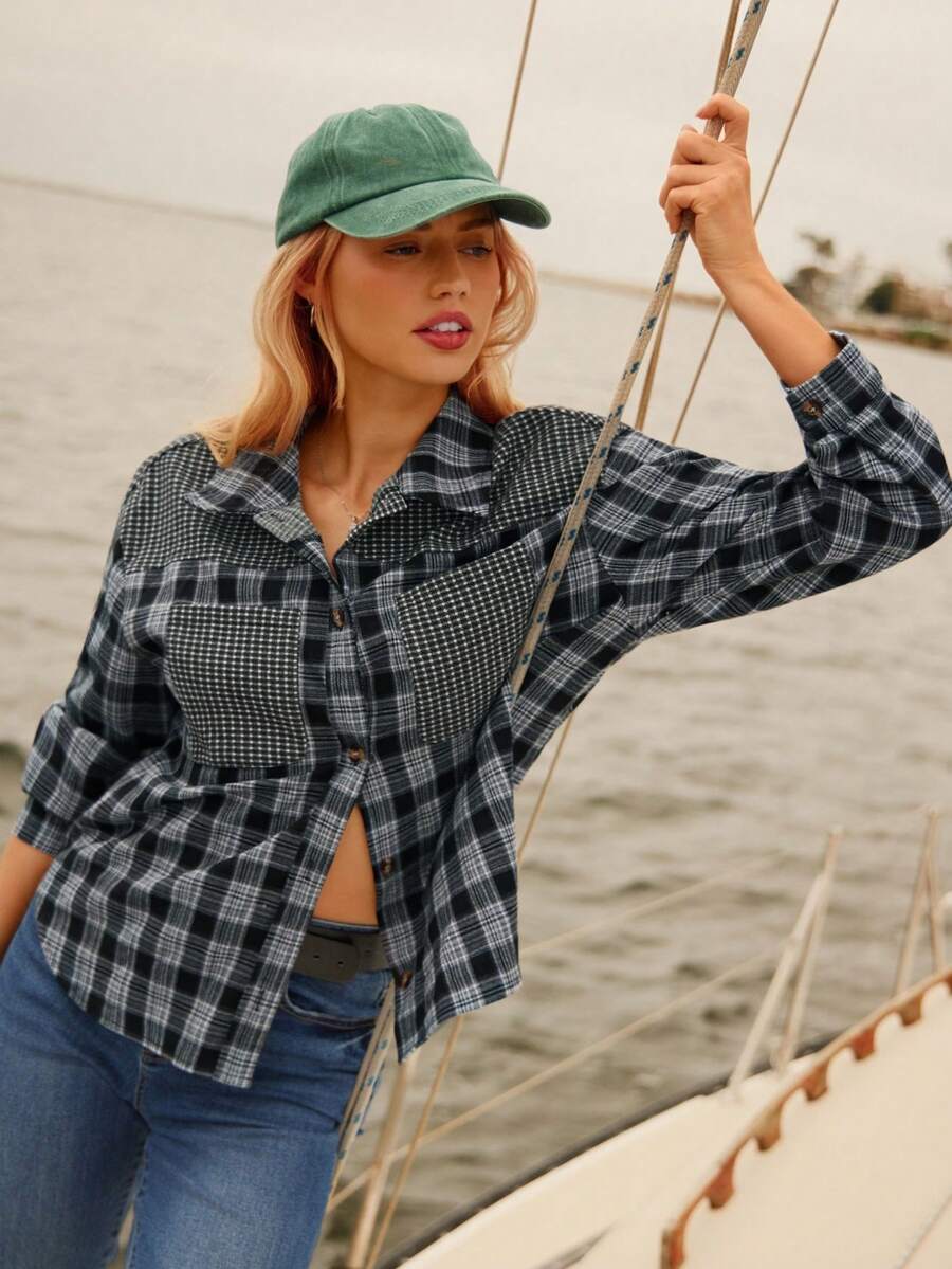 WESTFADE Mixed Checkered Plaid Flannel Collared Button Up Boyfriend Shirt, Fall, Autumn, Winter, Western Wear, Casual Cute, Boho, Country Concert - Multicolor - View 1