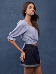 WESTFADE 纹理针织方领泡泡袖后背蝴蝶结短款上衣秋季、秋季、冬季、休闲可爱波西米亚风、女士西部服饰、乡村音乐会 - 紫色 - 查看 3