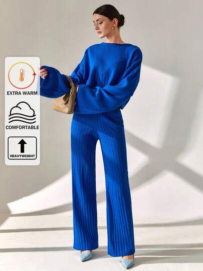 CLARA VERO Women Solid Color Round Neck Drop Shoulder Cropped Pullover & Sweater Pants Set Blue Two Piece Set Women Ribbed Two Piece Set Knit Two Piece Set Blue Knit Set Womens Two Piece Outfit