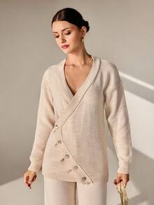 CLARA VERO Elegant Deep V Neck Drop Shoulder Draped Asymmetric Cut Cardigan,Autumn,Winter Clothes,Autumn Outfits Women,Cardigans,Autumn Clothes,Winter Clothes Women,Jumpers For Women,Cardigans For Women - Apricot - View 5