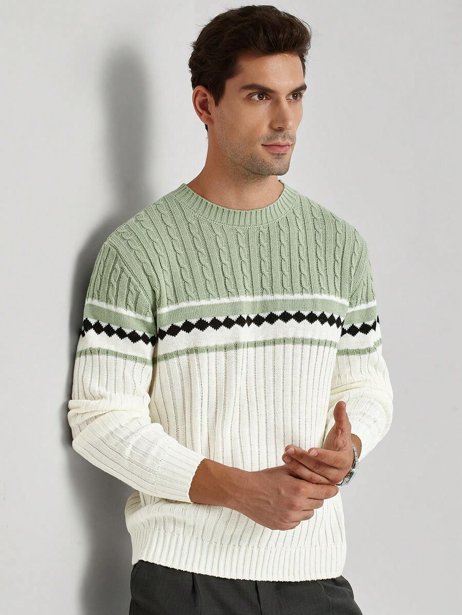 Manfinity CityGents Men's Colorblock Diamond Pattern Crew Neck Long Sleeve Sweater, Fall/Winter