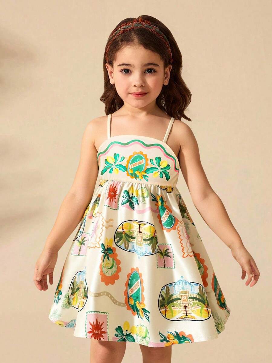 Travachic KIDS Váy đi nghỉ bằng vải chiffon in hình cây nhiệt đới cho bé gái - Nhiều màu - Xem 1