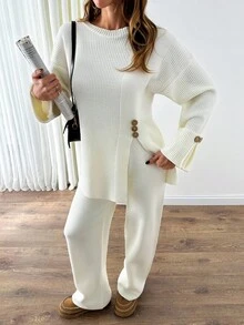 EURMUSE 2-Piece Fashionable Women Set, Loose Fit Knit Sweater With Split Design And High-Waist Wide Leg Pants, Autumn/Winter Womens Suit Set Cream Outfit Women White Knit Set White Two Piece Set Women Womens Pantsuit,Petite Co Ord,Co Ord,Petite - White - View 6