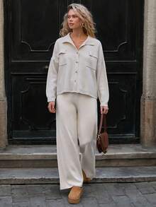 EURMUSE Relaxed Fit Button-Up Knit Lounge Set With Pocket Detail And Wide-Leg Pants,Co Ords Sets Women,Petite Co Ord,Co Ord,Petite,Winter Clothes - Beige - View 3