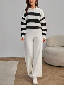 EURMUSE 条纹花卉印花翻领休闲女式上衣和阔腿毛衣裤，2 件针织装适合休闲风格 - 黑與白 - 查看 7