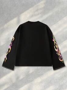 ROMWE MEN Street Life Áo nỉ cổ tròn tay dài in họa tiết bộ xương Halloween thường ngày cho nam, mùa thu, mùa thu - màu đen - Xem 3