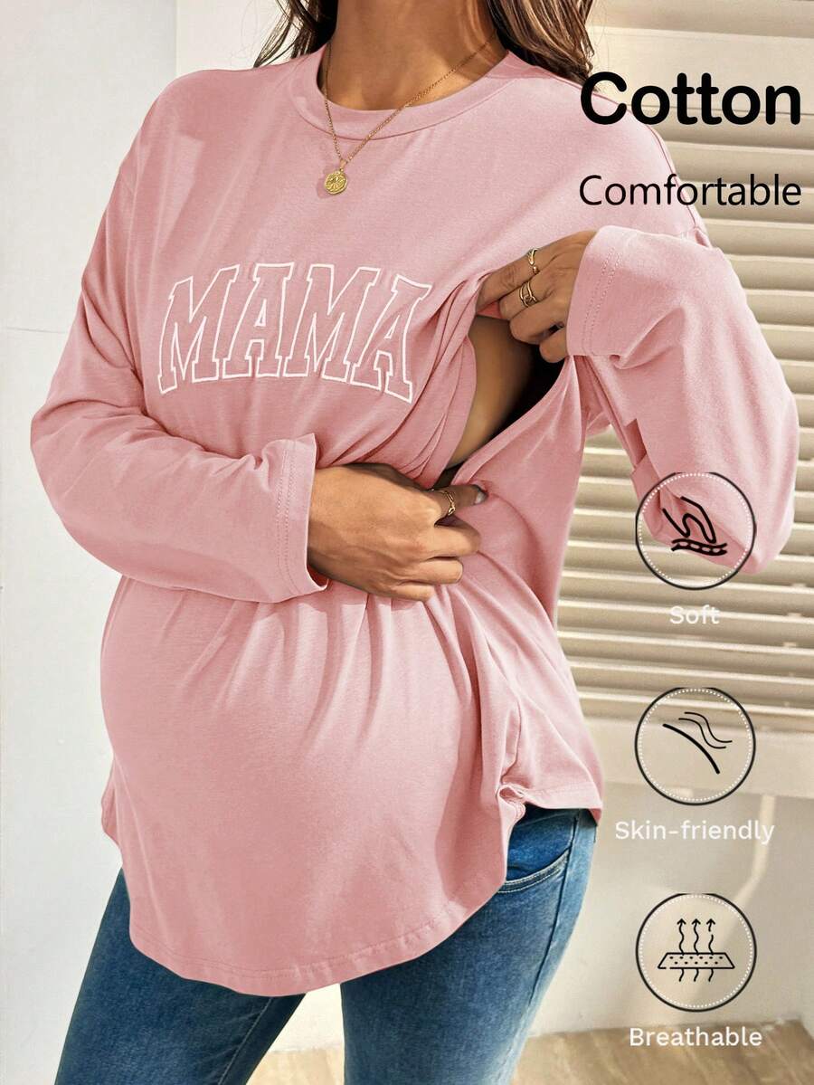 SHEIN 字母印花圆领长袖哺乳上衣 - 粉色 - 查看 1