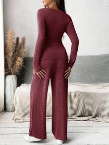 MaterniWear 圆领长袖针织T恤和可调节腰围直筒裤女直筒裤秋季套装宽松套装适合宝宝礼物 - 紅色 - 查看 2