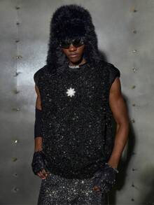 NEON BLANC Men's Casual Street Embroidery Patch Crew Neck Grunge Style Sweater Vest - Black - View 4