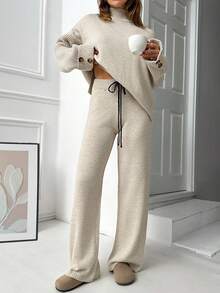 EURMUSE Mock Neck Knitted Pullover Hunky Knit Tunic Sweater Set - Mocha Brown - View 5