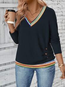 EMERY ROSE Camiseta de manga larga con cuello en V, estampado de rayas de colores y parches, talla grande para mujer, nueva llegada para otoño/invierno - Azul Marino - Ver 6