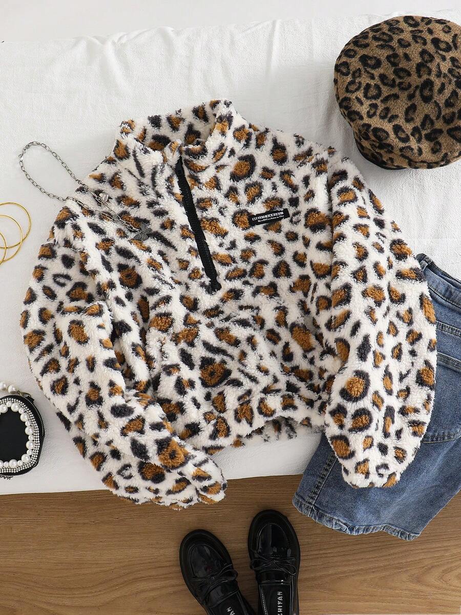 1 Stück Tween Mädchen Oversized Stehkragen Halb-Reißverschluss Fleece Pullover Sweatshirt, Lässig für Herbst/Winter - Verschiedenfarbig - Übersicht 1