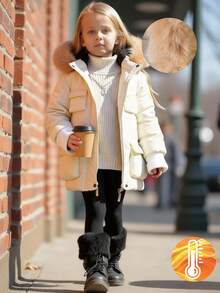 少女加厚连帽棉衣，仿毛领，口袋，拉链开合，秋冬 - 杏色 - 查看 1