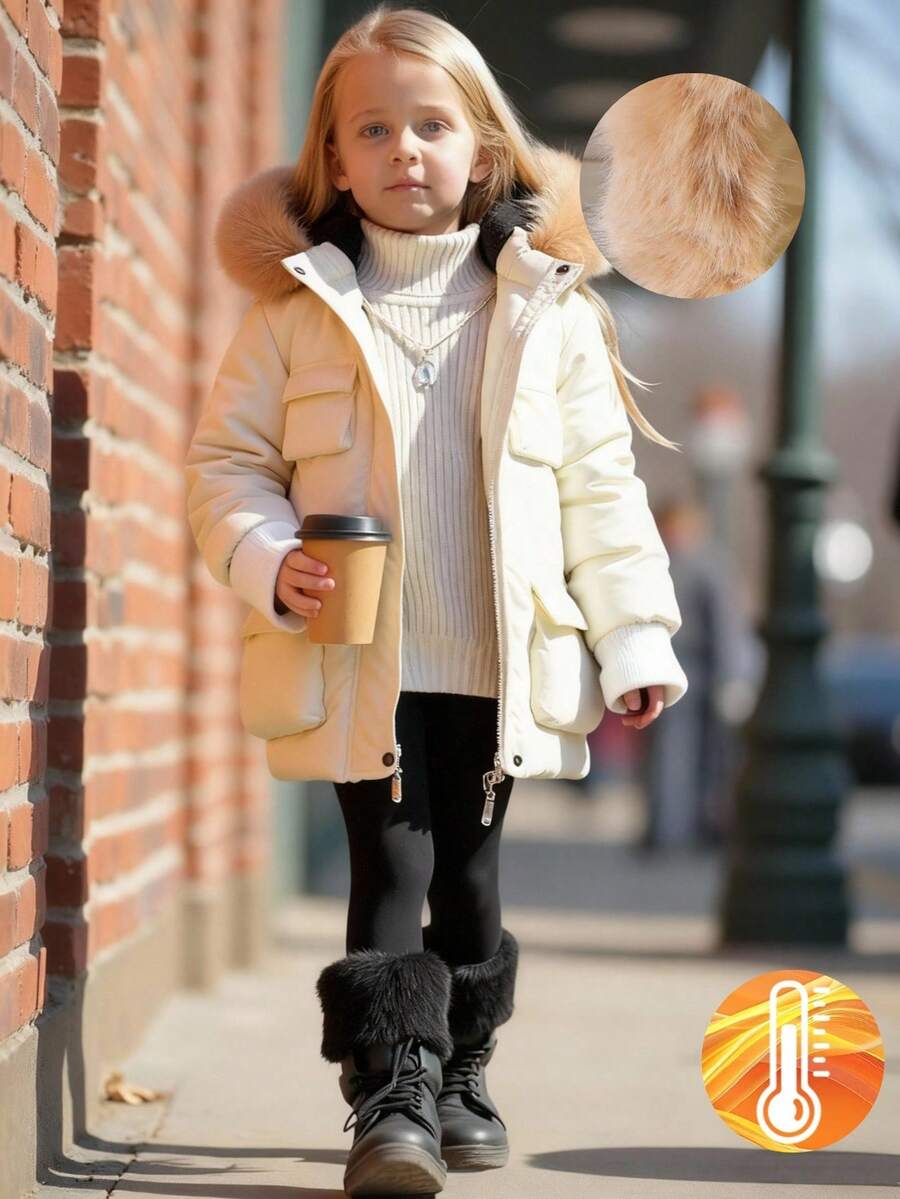 少女加厚连帽棉衣，仿毛领，口袋，拉链开合，秋冬 - 杏色 - 查看 1